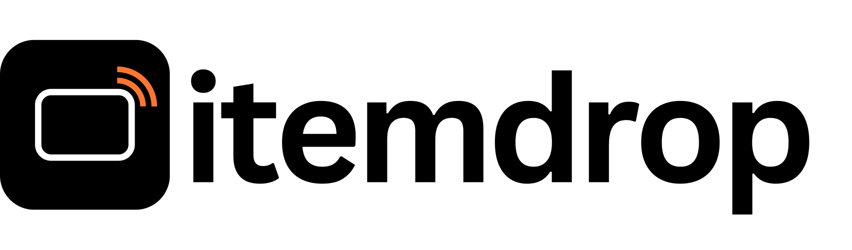 Logo of Itemdrop: A white rectangle symbol with orange signal waves on a black background, next to the word “Itemdrop”.