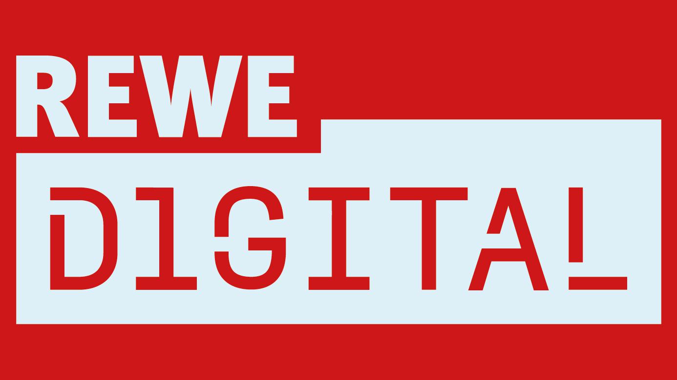 Logo of REWE Digital: Red background with a light blue rectangle. Inside, the text “REWE DIGITAL” in red block letters.