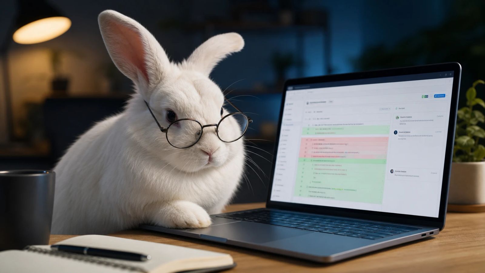 A white rabbit with glasses reviewing a code change on a laptop
