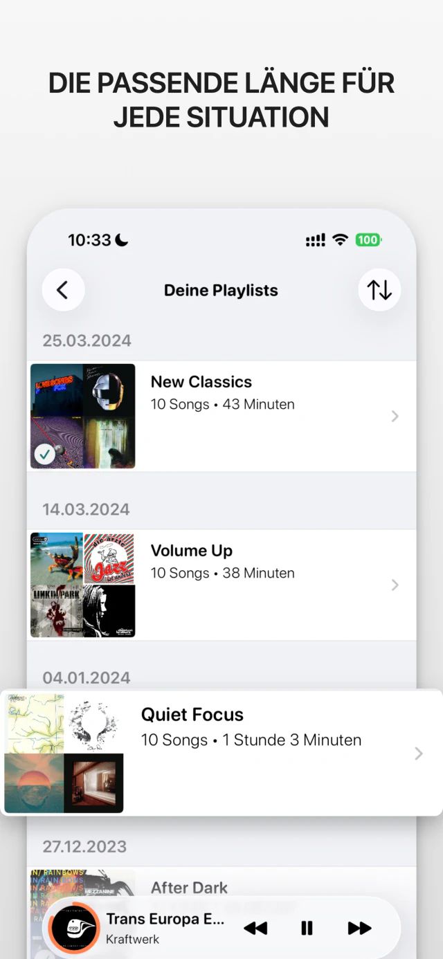 Screenshot der iana-App mit der Überschrift „Die passende Länge für jede Situation“. Eine Liste gespeicherter Playlists, jeweils mit Anzahl der Songs und Gesamtlänge.
