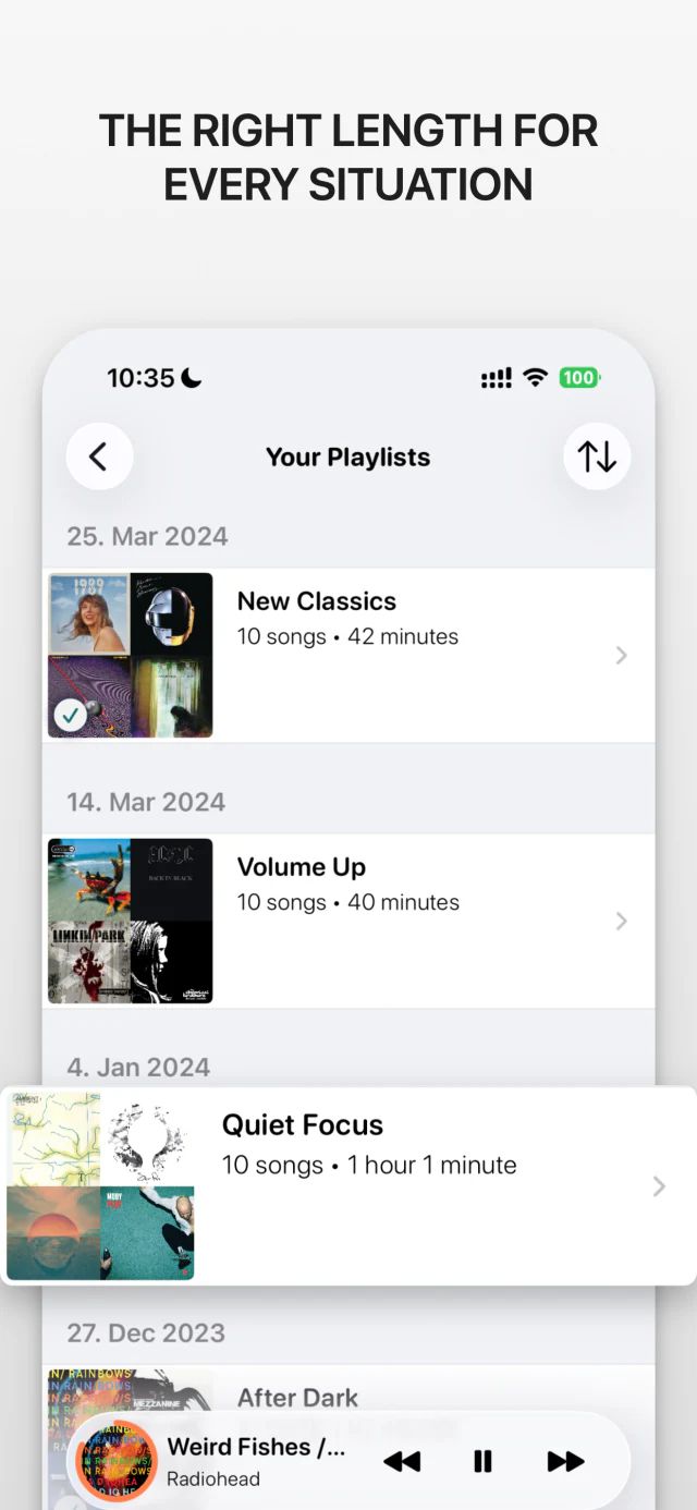 Screenshot of the iana app with the headline “The right length for every situation”. A list of saved playlists, each with its number of songs and total length.