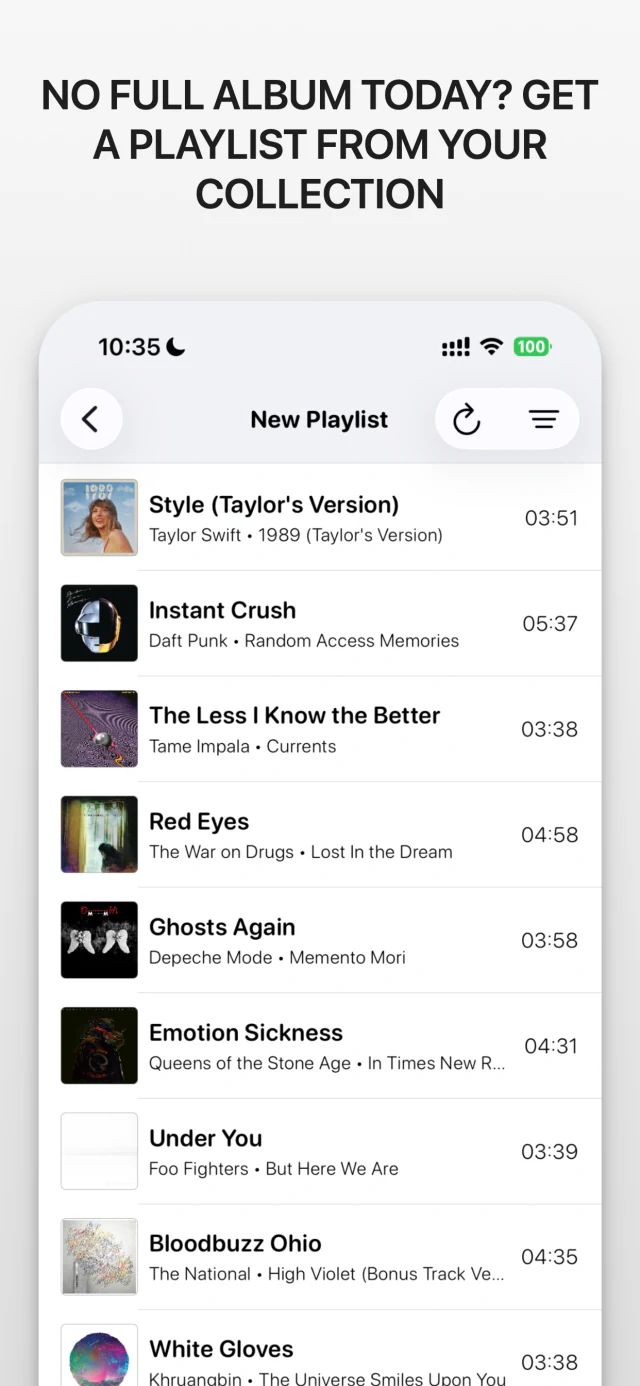 Screenshot of the iana app with the headline “No full album today? Get a playlist from your collection”. A new playlist with songs from different albums.