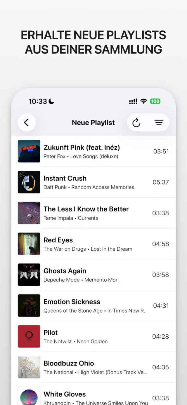 Screenshot der iana-App mit der Überschrift „Erhalte neue Playlists aus deiner Sammlung“. Eine neue Playlist mit Songs aus verschiedenen Alben.