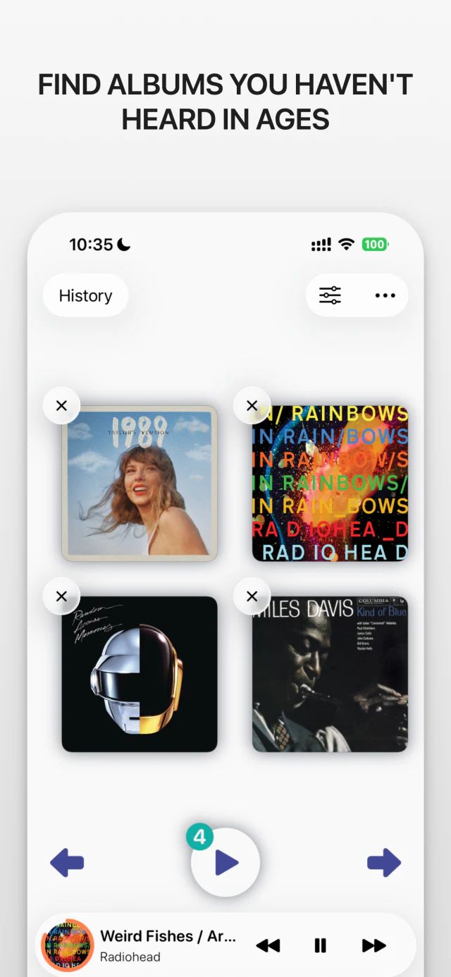 Screenshot of the iana app with the headline “Find albums you haven't heard in ages”. Four album covers in a grid, with a play button below.