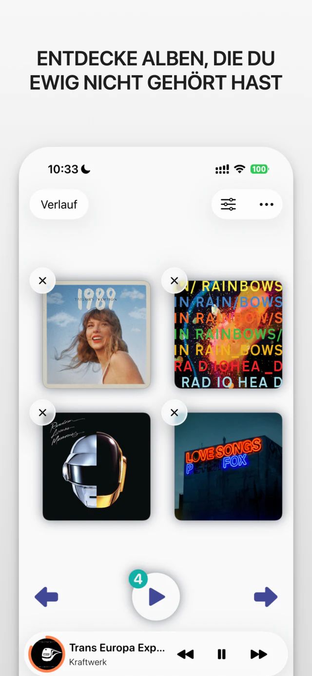 Screenshot der iana-App mit der Überschrift „Entdecke Alben, die du ewig nicht gehört hast“. Vier Albumcover in einem Raster, darunter ein Play-Button.