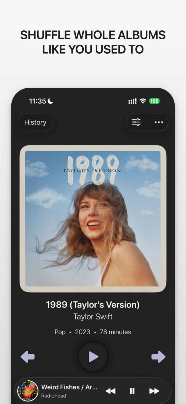Screenshot of the iana app with the headline “Shuffle whole albums like you used to”. The player shows a large album cover with arrows to skip to the previous or next album.