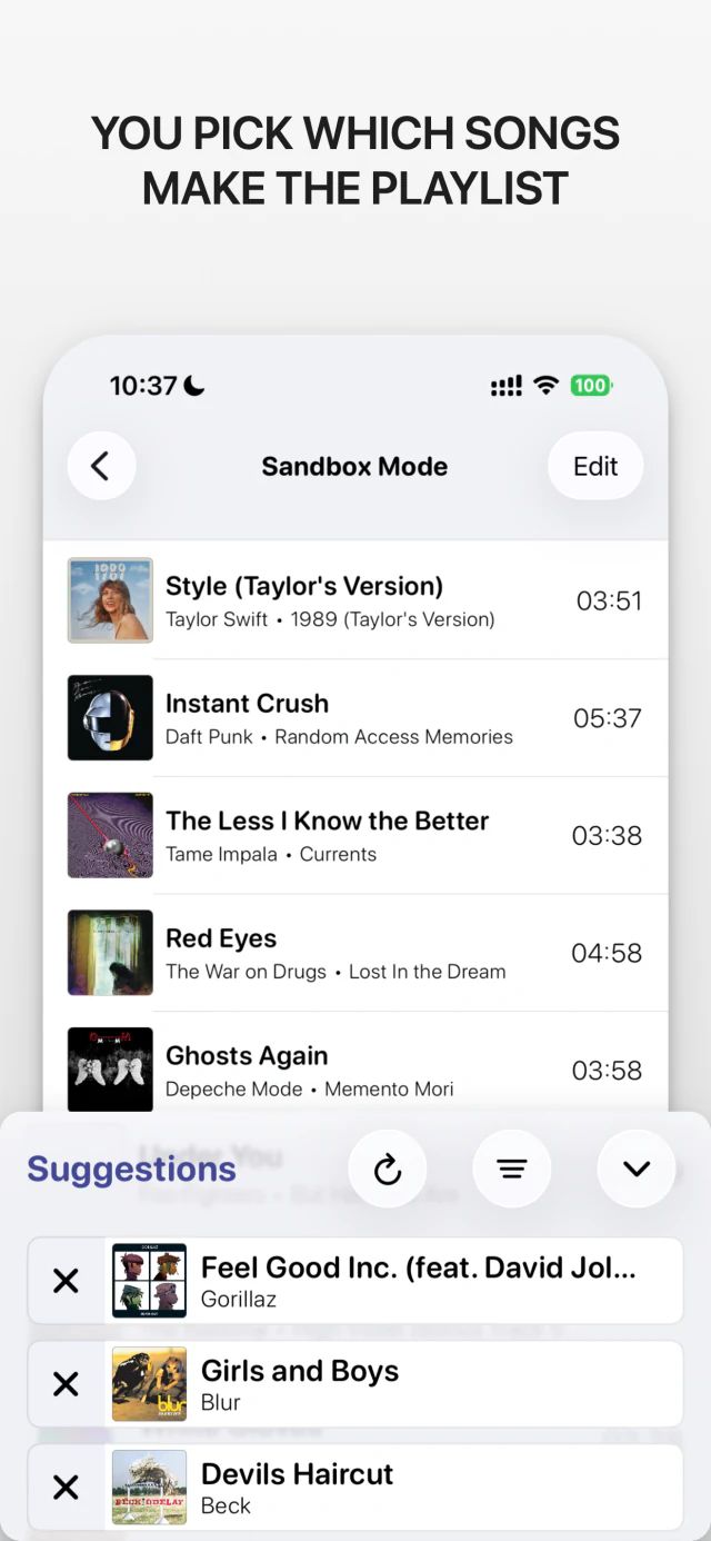 Screenshot of the iana app with the headline “You pick which songs make the playlist”. Sandbox mode shows the playlist and, below it, suggestions for more songs.