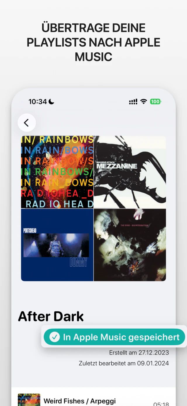 Screenshot der iana-App mit der Überschrift „Übertrage deine Playlists nach Apple Music“. Eine Playlist mit dem Hinweis „In Apple Music gespeichert“.
