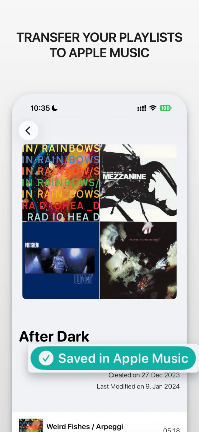 Screenshot of the iana app with the headline “Transfer your playlists to Apple Music”. A playlist with the note “Saved in Apple Music”.